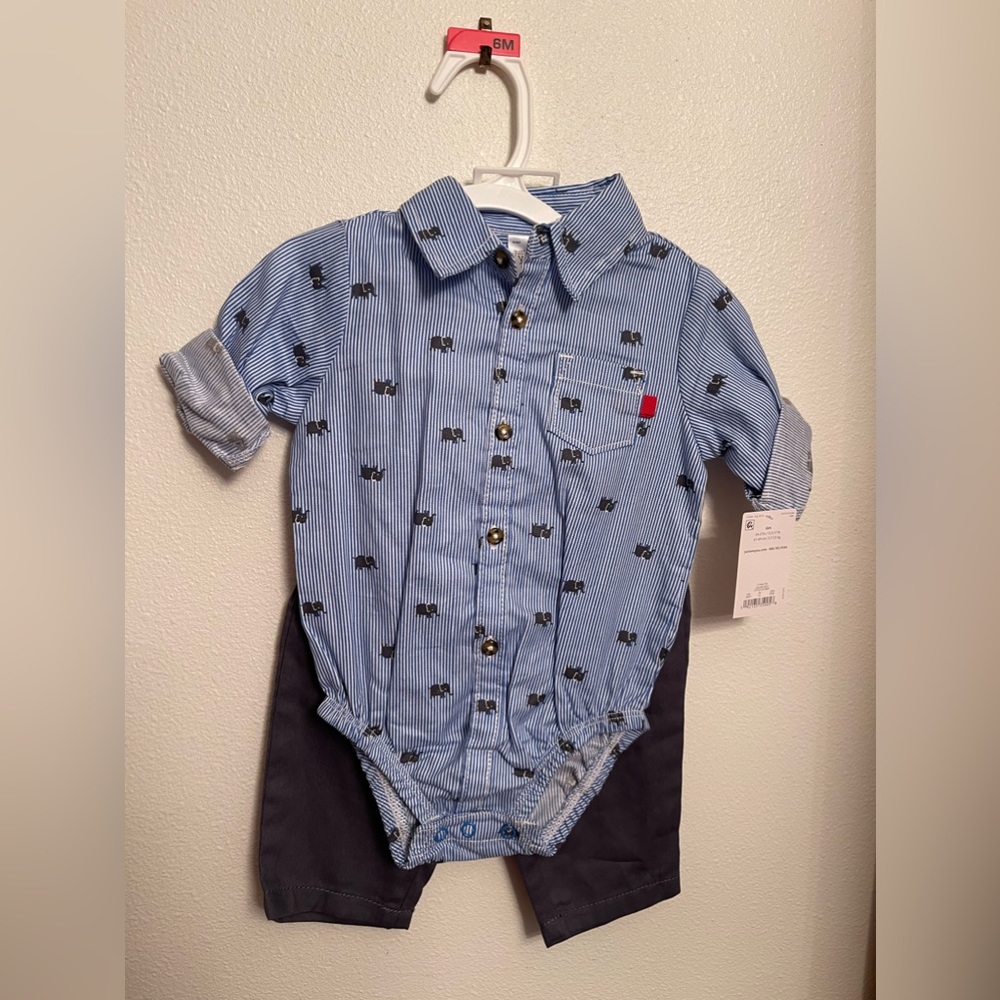 NWT just one you shirt and pants set elephant pinstripe print size 6 months